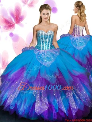 Sleeveless Tulle Floor Length Lace Up Sweet 16 Dresses in Multi-color for with Beading and Ruffled Layers