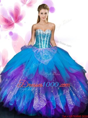 Sleeveless Tulle Floor Length Lace Up Sweet 16 Dresses in Multi-color for with Beading and Ruffled Layers