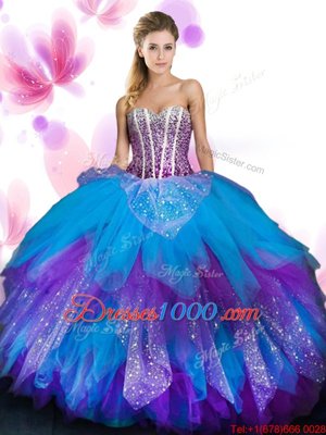 Sleeveless Tulle Floor Length Lace Up Sweet 16 Dresses in Multi-color for with Beading and Ruffled Layers