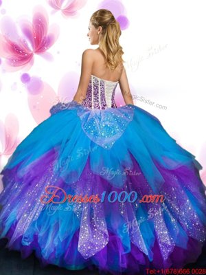 Sleeveless Tulle Floor Length Lace Up Sweet 16 Dresses in Multi-color for with Beading and Ruffled Layers