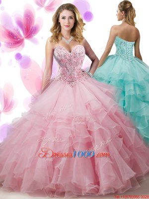 Sleeveless Floor Length Beading and Ruffled Layers Lace Up Sweet 16 Quinceanera Dress with Pink