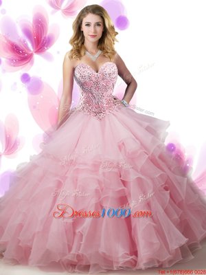 Sleeveless Floor Length Beading and Ruffled Layers Lace Up Sweet 16 Quinceanera Dress with Pink