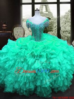 Inexpensive Turquoise Sweetheart Lace Up Beading and Ruffles 15th Birthday Dress Cap Sleeves