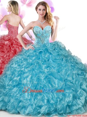 Blue Sweetheart Neckline Beading and Ruffles Quince Ball Gowns Sleeveless Lace Up
