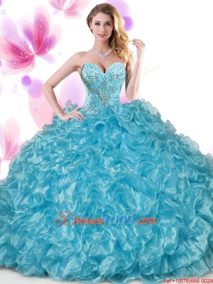 Blue Sweetheart Neckline Beading and Ruffles Quince Ball Gowns Sleeveless Lace Up