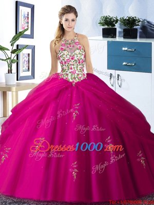 Halter Top Sleeveless Quinceanera Dress Floor Length Embroidery and Pick Ups Fuchsia Tulle