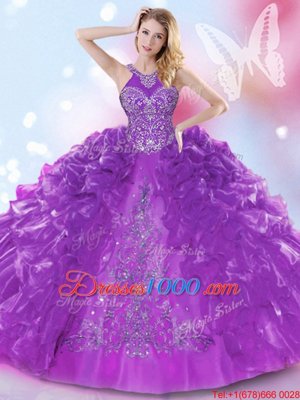 Halter Top Appliques and Ruffled Layers Quinceanera Gowns Purple Lace Up Sleeveless Floor Length