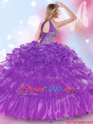 Halter Top Appliques and Ruffled Layers Quinceanera Gowns Purple Lace Up Sleeveless Floor Length