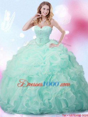 Admirable Sweetheart Sleeveless Quinceanera Gown With Brush Train Beading and Ruffles and Pick Ups Apple Green Organza