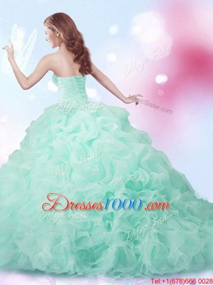 Admirable Sweetheart Sleeveless Quinceanera Gown With Brush Train Beading and Ruffles and Pick Ups Apple Green Organza