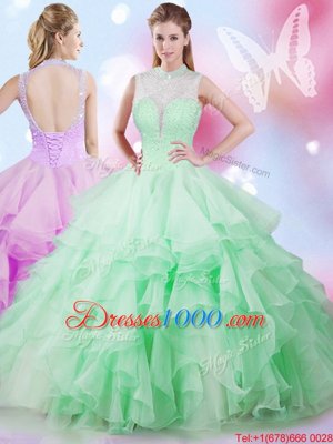 Affordable Apple Green Ball Gowns Tulle High-neck Sleeveless Beading and Ruffles Floor Length Lace Up Sweet 16 Dresses
