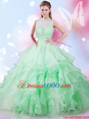 Affordable Apple Green Ball Gowns Tulle High-neck Sleeveless Beading and Ruffles Floor Length Lace Up Sweet 16 Dresses