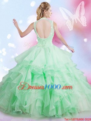 Affordable Apple Green Ball Gowns Tulle High-neck Sleeveless Beading and Ruffles Floor Length Lace Up Sweet 16 Dresses