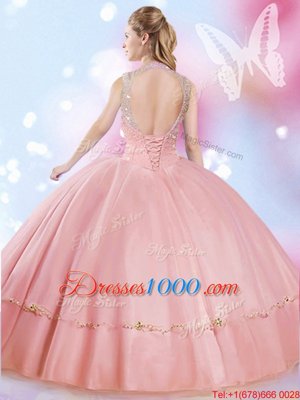 Custom Made Watermelon Red Ball Gowns Tulle High-neck Sleeveless Beading Floor Length Lace Up Quince Ball Gowns