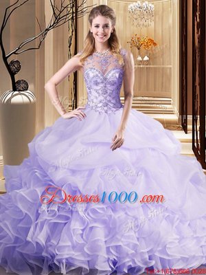 Romantic Scoop Pick Ups Lavender Sleeveless Organza Brush Train Lace Up Quinceanera Gowns for Military Ball and Sweet 16 and Quinceanera