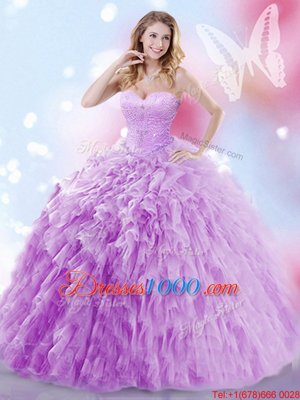Wonderful Sleeveless Beading and Ruffles Lace Up Sweet 16 Dresses with Lavender Brush Train