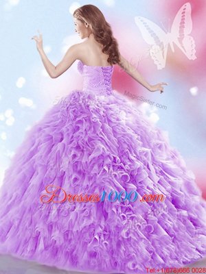 Wonderful Sleeveless Beading and Ruffles Lace Up Sweet 16 Dresses with Lavender Brush Train