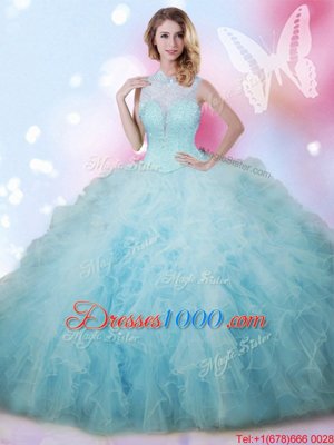 Admirable Sleeveless Floor Length Beading and Ruffles Lace Up 15 Quinceanera Dress with Baby Blue