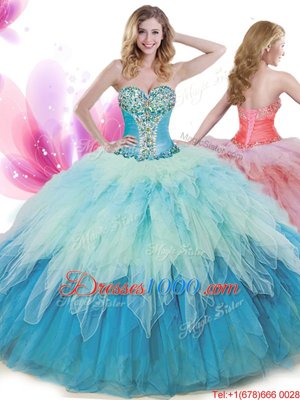 Fabulous Multi-color Ball Gowns Sweetheart Sleeveless Tulle Floor Length Lace Up Beading and Ruffles Sweet 16 Quinceanera Dress