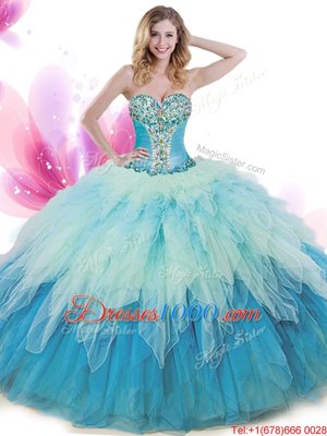 Fabulous Multi-color Ball Gowns Sweetheart Sleeveless Tulle Floor Length Lace Up Beading and Ruffles Sweet 16 Quinceanera Dress
