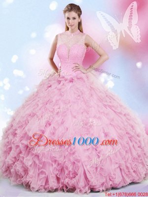 Custom Fit Rose Pink Tulle Lace Up Halter Top Sleeveless Floor Length 15th Birthday Dress Beading and Ruffles