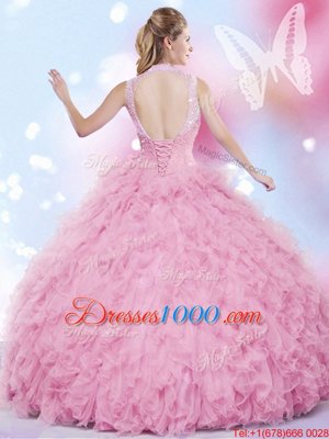 Custom Fit Rose Pink Tulle Lace Up Halter Top Sleeveless Floor Length 15th Birthday Dress Beading and Ruffles