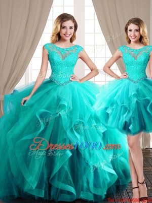 Three Piece Aqua Blue Lace Up Scoop Beading and Appliques and Ruffles Quinceanera Gown Tulle Cap Sleeves Brush Train