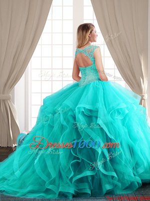 Three Piece Aqua Blue Lace Up Scoop Beading and Appliques and Ruffles Quinceanera Gown Tulle Cap Sleeves Brush Train