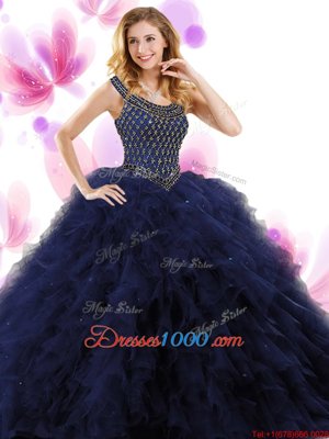 Sumptuous Scoop Navy Blue Ball Gowns Beading and Ruffles 15th Birthday Dress Zipper Tulle Sleeveless Floor Length