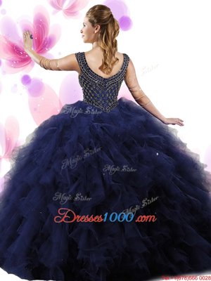 Sumptuous Scoop Navy Blue Ball Gowns Beading and Ruffles 15th Birthday Dress Zipper Tulle Sleeveless Floor Length