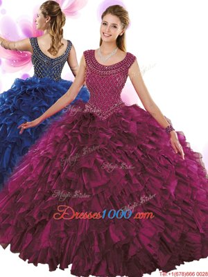 Scoop Floor Length Fuchsia Quinceanera Gown Organza Sleeveless Beading and Ruffles