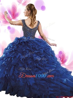 Scoop Floor Length Fuchsia Quinceanera Gown Organza Sleeveless Beading and Ruffles