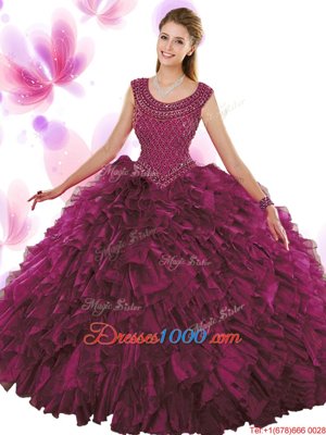 Scoop Floor Length Fuchsia Quinceanera Gown Organza Sleeveless Beading and Ruffles