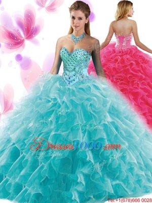 Floor Length Teal Quinceanera Gowns Organza Sleeveless Beading and Ruffles