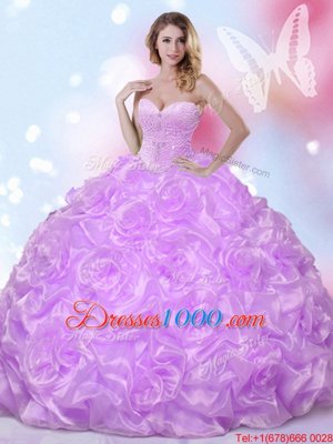 Lavender Fabric With Rolling Flowers Lace Up Sweet 16 Dresses Sleeveless Floor Length Beading
