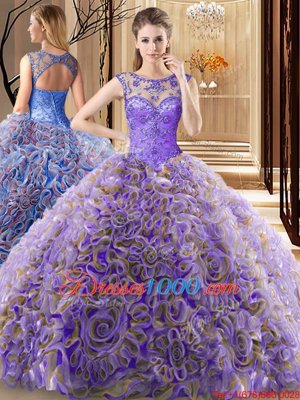 Multi-color Ball Gowns Scoop Sleeveless Fabric With Rolling Flowers Brush Train Lace Up Beading 15 Quinceanera Dress