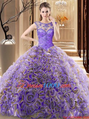 Multi-color Ball Gowns Scoop Sleeveless Fabric With Rolling Flowers Brush Train Lace Up Beading 15 Quinceanera Dress