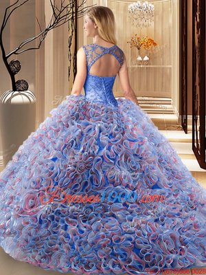 Multi-color Ball Gowns Scoop Sleeveless Fabric With Rolling Flowers Brush Train Lace Up Beading 15 Quinceanera Dress