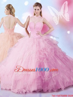 Floor Length Rose Pink Quinceanera Dress Tulle Sleeveless Beading and Ruffles