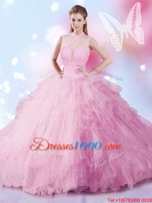 Floor Length Rose Pink Quinceanera Dress Tulle Sleeveless Beading and Ruffles