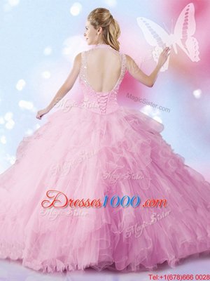 Floor Length Rose Pink Quinceanera Dress Tulle Sleeveless Beading and Ruffles