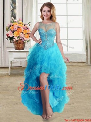 Four Piece Scoop Baby Blue Tulle Lace Up Quince Ball Gowns Sleeveless Floor Length Beading and Ruffles