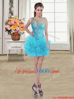 Four Piece Scoop Baby Blue Tulle Lace Up Quince Ball Gowns Sleeveless Floor Length Beading and Ruffles