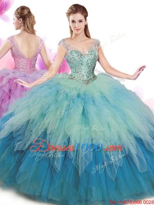 Hot Sale Cap Sleeves Tulle Floor Length Lace Up Sweet 16 Quinceanera Dress in Multi-color for with Beading and Ruffles