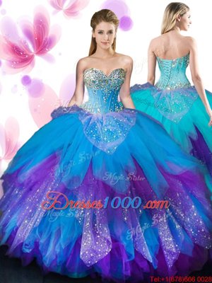 Spectacular Beading and Ruffles 15th Birthday Dress Multi-color Lace Up Sleeveless Floor Length