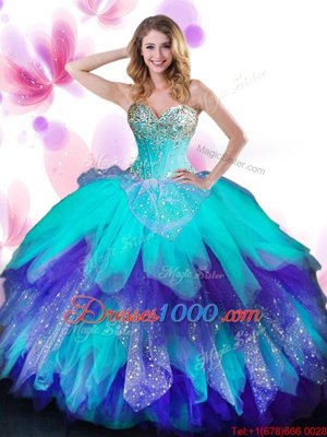 Spectacular Beading and Ruffles 15th Birthday Dress Multi-color Lace Up Sleeveless Floor Length