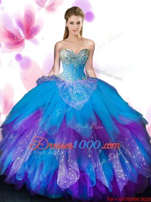 Spectacular Beading and Ruffles 15th Birthday Dress Multi-color Lace Up Sleeveless Floor Length