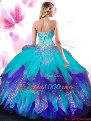 Spectacular Beading and Ruffles 15th Birthday Dress Multi-color Lace Up Sleeveless Floor Length