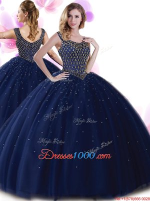 Scoop Navy Blue Zipper Ball Gown Prom Dress Beading Sleeveless Floor Length