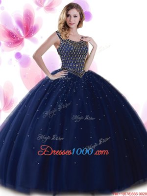 Scoop Navy Blue Zipper Ball Gown Prom Dress Beading Sleeveless Floor Length